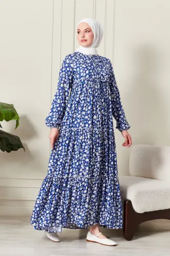 Layered Skirt Floral Pattern Gypsy Viscose Dress Modest Dress Mother Dress Prayer Dress-Floral Pattern Blue - 4