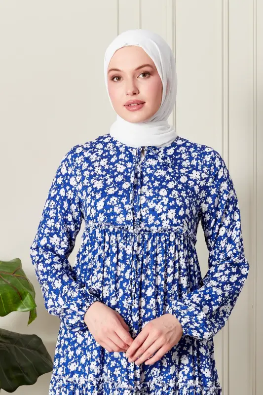 Layered Skirt Floral Pattern Gypsy Viscose Dress Modest Dress Mother Dress Prayer Dress-Floral Pattern Blue - 5