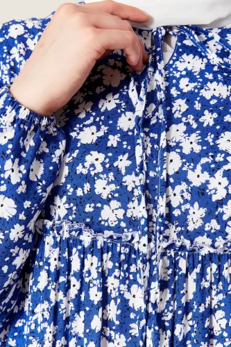 Layered Skirt Floral Pattern Gypsy Viscose Dress Modest Dress Mother Dress Prayer Dress-Floral Pattern Blue - 6