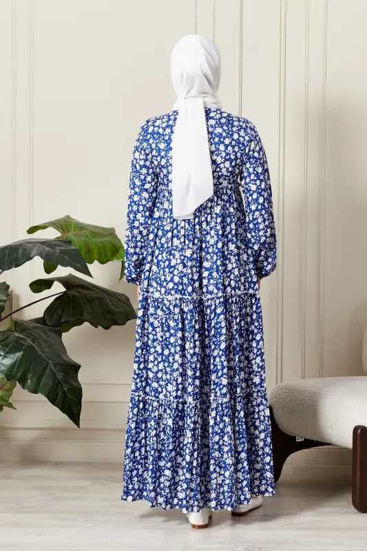 Layered Skirt Floral Pattern Gypsy Viscose Dress Modest Dress Mother Dress Prayer Dress-Floral Pattern Blue - 7