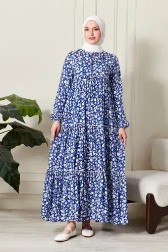 Layered Skirt Floral Pattern Gypsy Viscose Dress Modest Dress Mother Dress Prayer Dress-Floral Pattern Blue - MODAZONE (1)