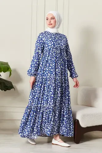 Layered Skirt Floral Pattern Gypsy Viscose Dress Modest Dress Mother Dress Prayer Dress-Floral Pattern Blue - 4
