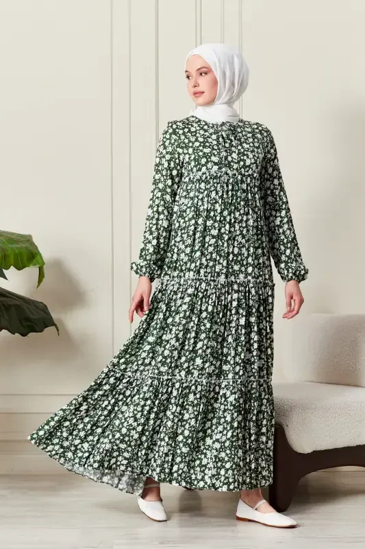 Layered Skirt Floral Pattern Gypsy Viscose Dress Modest Dress Mother Dress Prayer Dress-Floral Pattern Green - 1