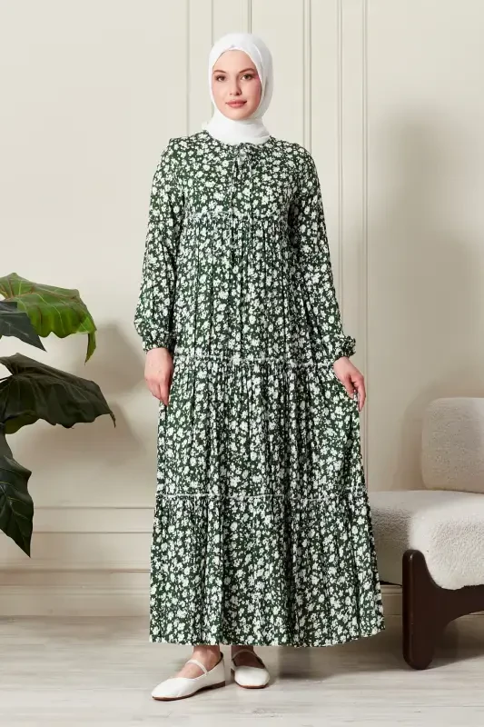 Layered Skirt Floral Pattern Gypsy Viscose Dress Modest Dress Mother Dress Prayer Dress-Floral Pattern Green - 2