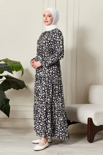 Layered Skirt Floral Pattern Gypsy Viscose Dress Muslim Dress Mother Dress Prayer Dress-Floral Pattern Black - 1
