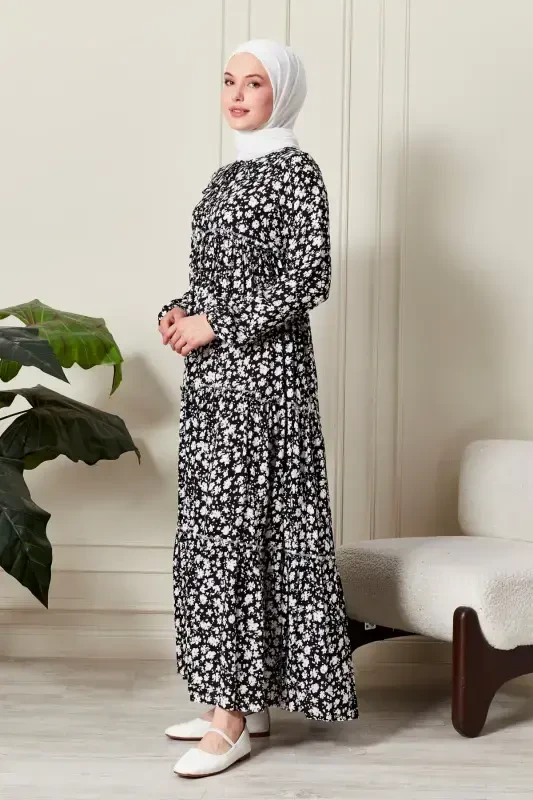 Layered Skirt Floral Pattern Gypsy Viscose Dress Muslim Dress Mother Dress Prayer Dress-Floral Pattern Black - FISTAN