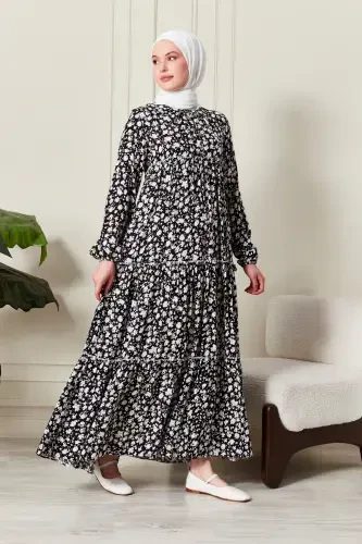 Layered Skirt Floral Pattern Gypsy Viscose Dress Muslim Dress Mother Dress Prayer Dress-Floral Pattern Black - FISTAN (1)