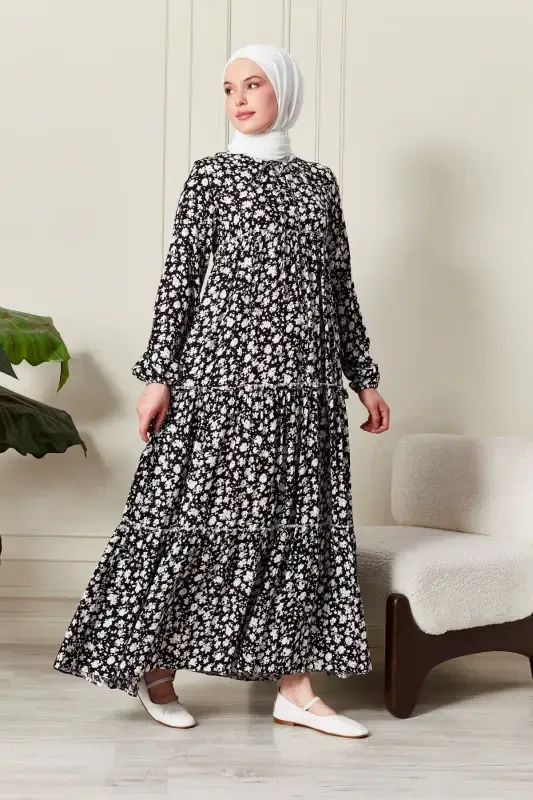 Layered Skirt Floral Pattern Gypsy Viscose Dress Muslim Dress Mother Dress Prayer Dress-Floral Pattern Black - 2