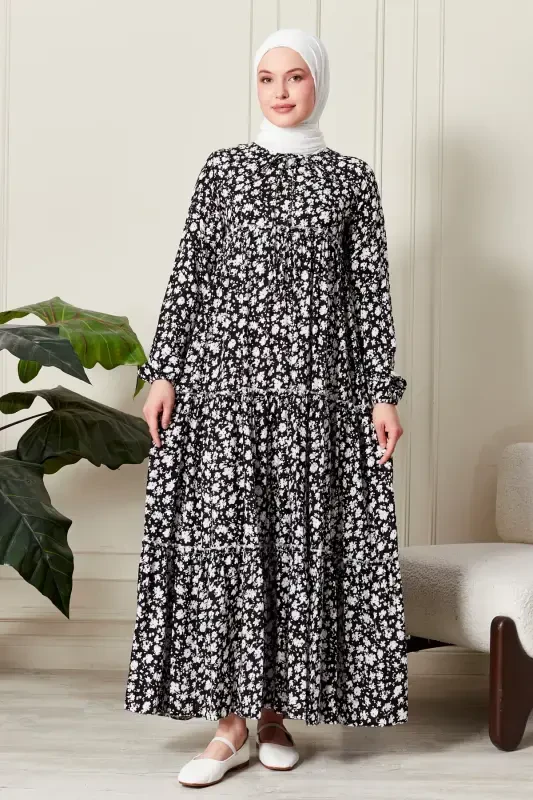 Layered Skirt Floral Pattern Gypsy Viscose Dress Muslim Dress Mother Dress Prayer Dress-Floral Pattern Black - 3