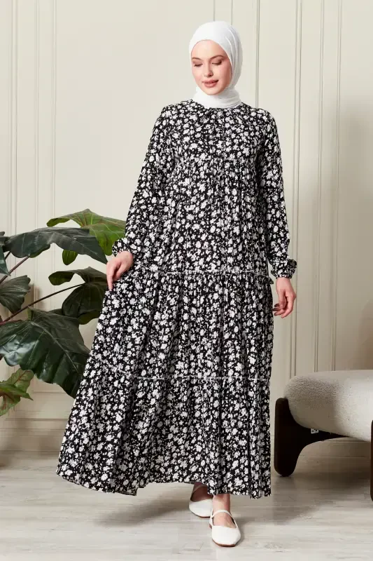 Layered Skirt Floral Pattern Gypsy Viscose Dress Muslim Dress Mother Dress Prayer Dress-Floral Pattern Black - 4