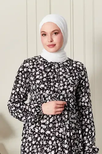Layered Skirt Floral Pattern Gypsy Viscose Dress Muslim Dress Mother Dress Prayer Dress-Floral Pattern Black - 5