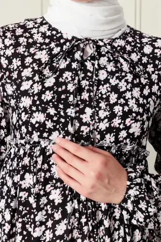 Layered Skirt Floral Pattern Gypsy Viscose Dress Muslim Dress Mother Dress Prayer Dress-Floral Pattern Black - 6