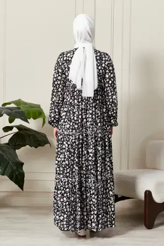 Layered Skirt Floral Pattern Gypsy Viscose Dress Muslim Dress Mother Dress Prayer Dress-Floral Pattern Black - 7