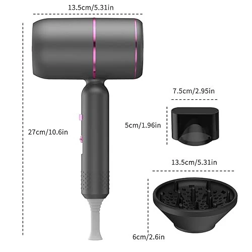 Layhou Hairdryer Powerful Blue Light Ion 3 Cold & Hot Air Settings Fast Drying with Diffuser and Concentrator Nozzle Foldable Blowdryer for Home Travel - 2