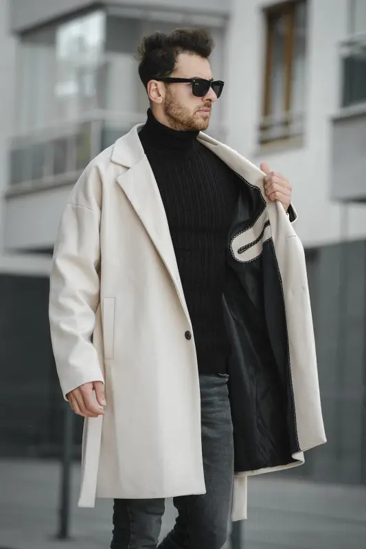 Layun Erkek Kemerli Oversize Rahat Kesim Kaşe Kaban Palto-KREM - 4