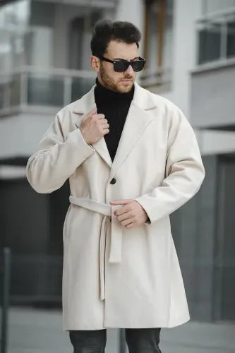 Layun Erkek Kemerli Oversize Rahat Kesim Kaşe Kaban Palto-KREM - 5