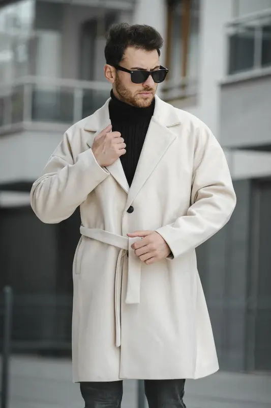 Layun Erkek Kemerli Oversize Rahat Kesim Kaşe Kaban Palto-KREM - 5