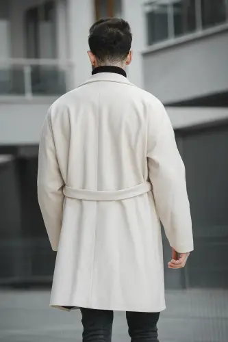 Layun Erkek Kemerli Oversize Rahat Kesim Kaşe Kaban Palto-KREM - 6