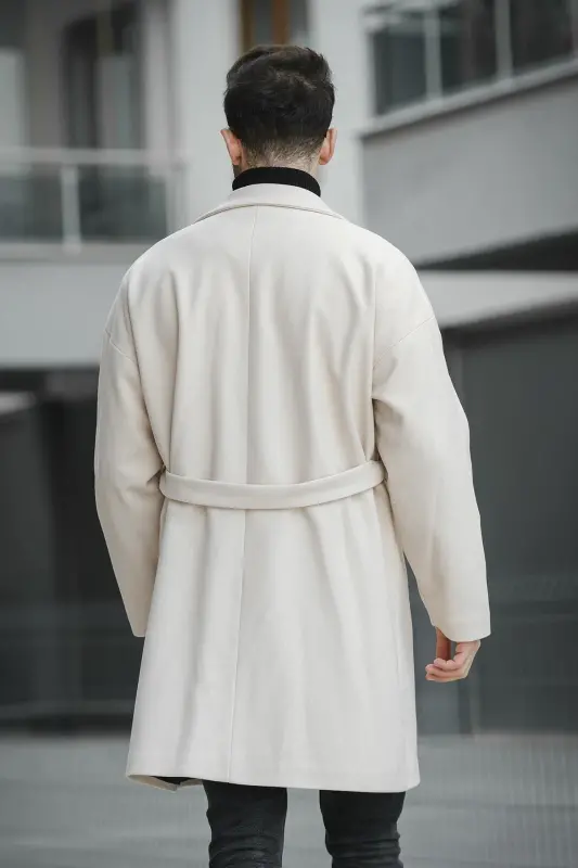 Layun Erkek Kemerli Oversize Rahat Kesim Kaşe Kaban Palto-KREM - 6