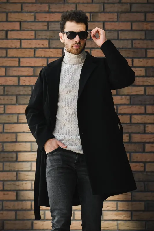 Layun Erkek Kemerli Oversize Rahat Kesim Kaşe Kaban Palto-SIYAH - 2