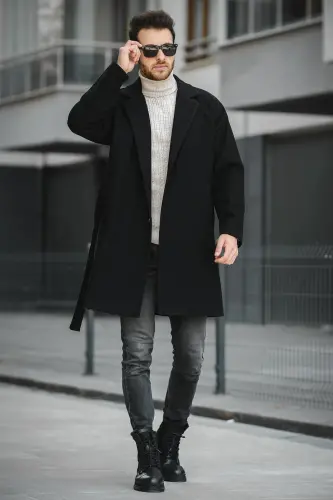 Layun Erkek Kemerli Oversize Rahat Kesim Kaşe Kaban Palto-SIYAH - 3