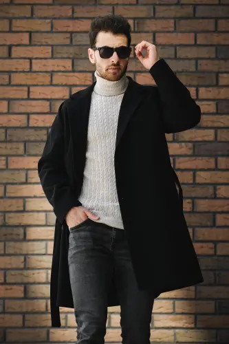 Layun Erkek Kemerli Oversize Rahat Kesim Kaşe Kaban Palto-SIYAH - 2