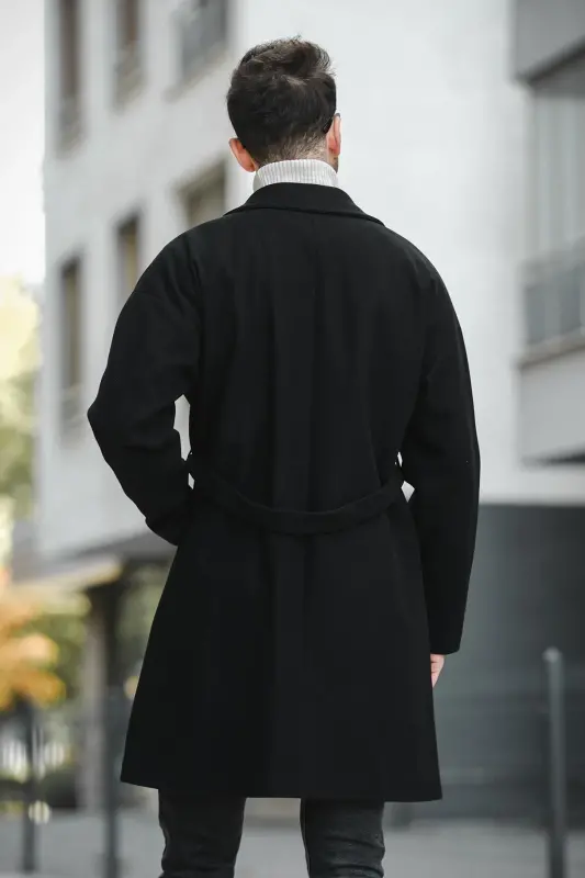 Layun Erkek Kemerli Oversize Rahat Kesim Kaşe Kaban Palto-SIYAH - 6