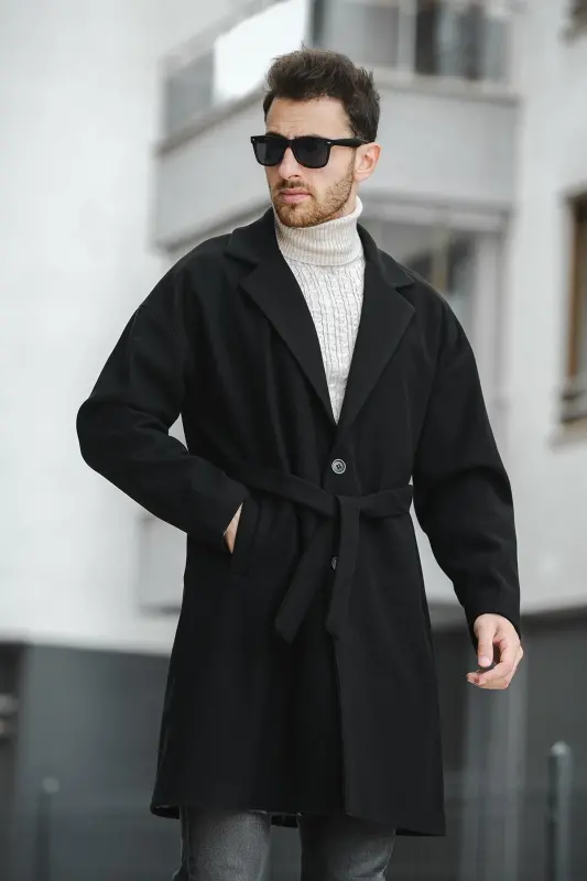 Layun Erkek Kemerli Oversize Rahat Kesim Kaşe Kaban Palto-SIYAH - OKSIT