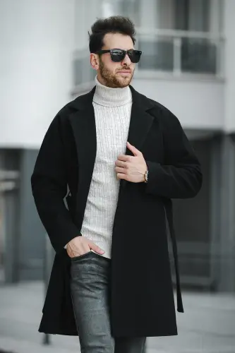 Layun Erkek Kemerli Oversize Rahat Kesim Kaşe Kaban Palto - SIYAH - 4