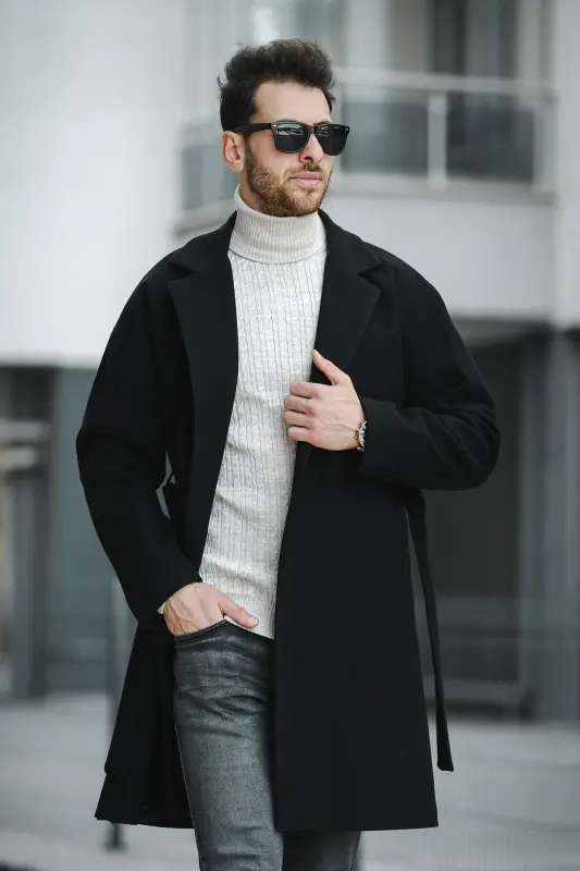 Layun Erkek Kemerli Oversize Rahat Kesim Kaşe Kaban Palto - SIYAH - 4
