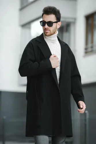 Layun Erkek Kemerli Oversize Rahat Kesim Kaşe Kaban Palto - SIYAH - 5