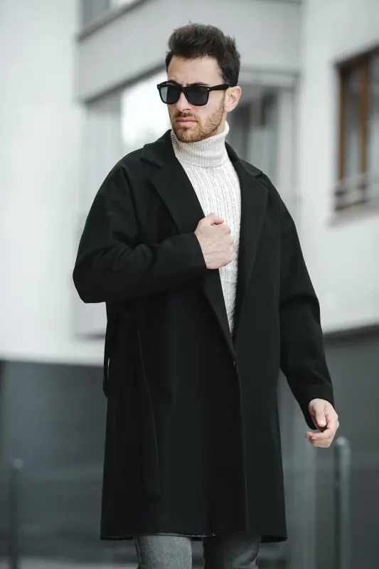 Layun Erkek Kemerli Oversize Rahat Kesim Kaşe Kaban Palto - SIYAH - 5