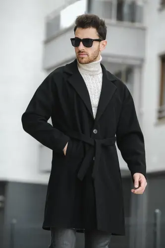 Layun Erkek Kemerli Oversize Rahat Kesim Kaşe Kaban Palto-SIYAH 