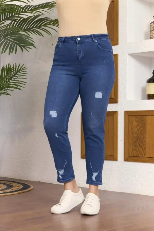 Lazer Detaylı Büyük Beden Kim Mavi Pantolon - 4