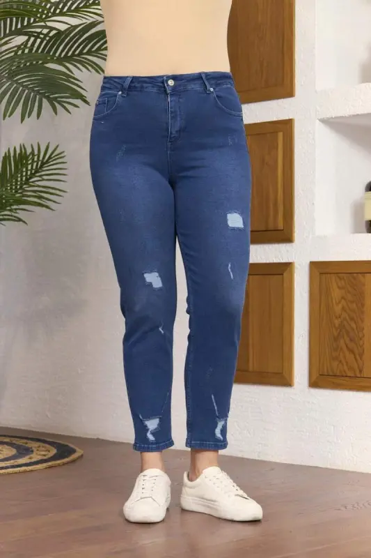 Lazer Detaylı Büyük Beden Kim Mavi Pantolon - BÜYÜKBEDENIZ