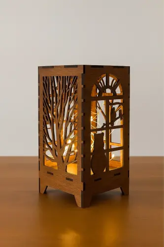 Lazer Kesim Masa Lambası Mini Özel Tasarım Ahşap Abajur Masa Süsü Pilli Peri Led-Kahverengi - 3