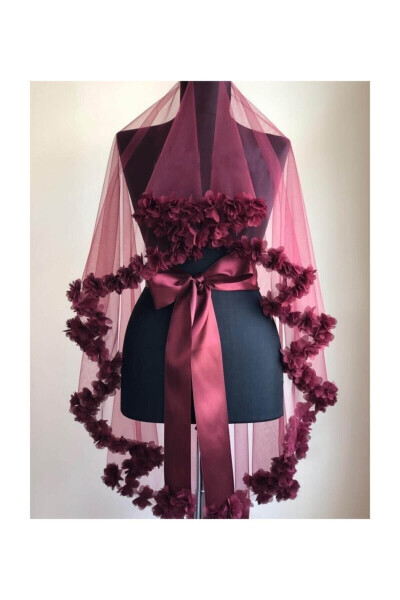 Lazerli Gulli Kelin Duoqi Kelin Yuz Ortusi Va Kelin Kuyshi Bordo - 45