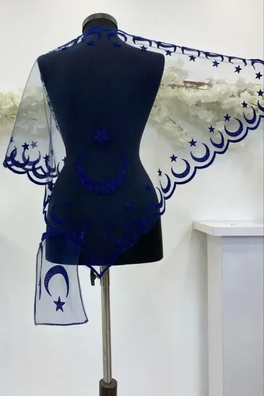 Лазурно-синяя хна, свадебная фата, комплект фаты, шаль для жениха, наплечная накидка, цветок для рук, комплект из 8 предметов - лазурно-синий - 6