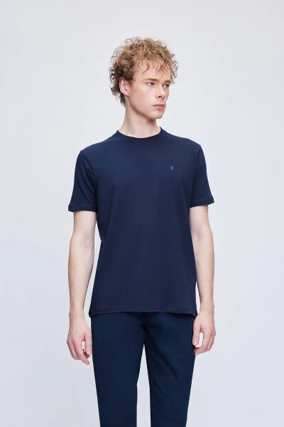 Лазурный Regular Fit велосипедный воротник хлопковая футболка - 1