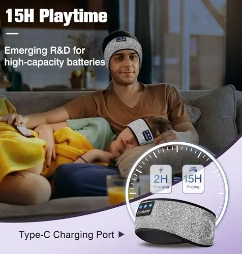 LC-dolida Беспроводная маска для сна с Bluetooth-наушниками, мягкая музыкальная повязка на голову с тонкими HD-стереодинамиками, идеально подходит для спящих на боку (Серебряный) - 4