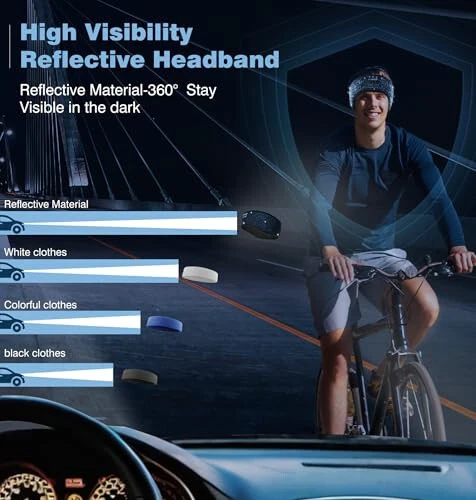 LC-dolida Bluetooth Headband, Reflective Black Headband Headphones Wireless, High Visibility Bluetooth 5.4 Over Ear Headphones for Night Cycling, Jogging, Yoga, Travel - 4