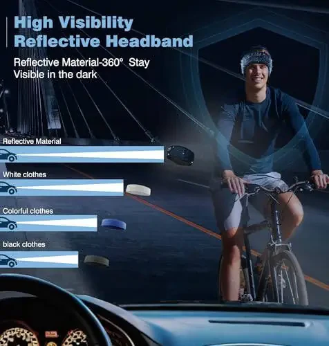 LC-dolida Bluetooth Headband, Reflective Black Headband Headphones Wireless, High Visibility Bluetooth 5.4 Over Ear Headphones for Night Cycling, Jogging, Yoga, Travel - 4