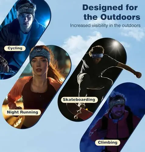 LC-dolida Bluetooth Headband, Reflective Black Headband Headphones Wireless, High Visibility Bluetooth 5.4 Over Ear Headphones for Night Cycling, Jogging, Yoga, Travel - 5