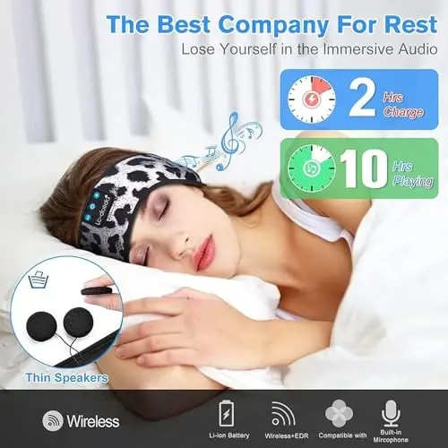 LC-dolida Sleep Headphones Bluetooth 5.4, Headband Headphones Earphones Wireless, Sleep Mask for Gifts,Workout,Jogging,Yoga(Black and White) - 3
