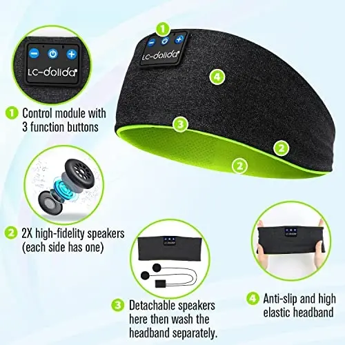 LC-dolida Sleep Headphones Wireless Bluetooth Headband Headphones for Sleeping Music Band Cozy Sleep Mask with Thin HD Stereo Speakers Perfect for Side Sleepers(Black New) - 3