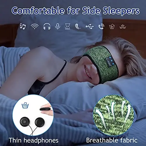 LC-dolida Sleep Headphones Wireless Bluetooth Headband Headphones for Sleeping Music Band Cozy Sleep Mask with Thin HD Stereo Speakers Perfect for Side Sleepers(Olive) - 2
