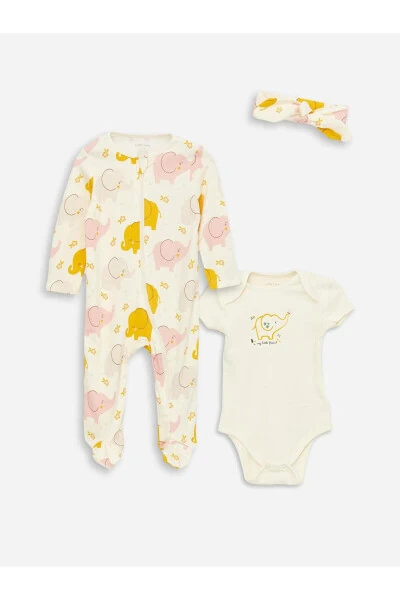 LCW baby Bisiklet Yaka Baskılı Qiz Bebek Hastane Çıkış Seti 3'lü - LC WAIKIKI