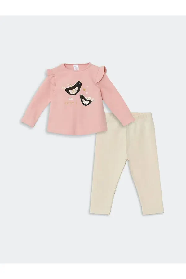 LCW baby Velosiped Yoqali Uzun Yengli Bosmali Qizaloq Bolalar Sviteri va Tayt 2'li - 1