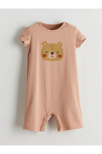 LCW ECO Beige Crew Neck Printed Baby Boy Jumpsuit - LC WAIKIKI