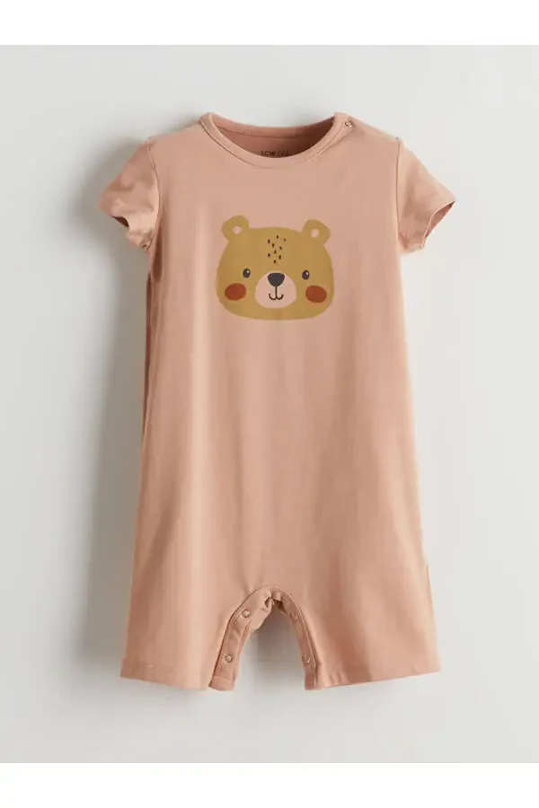 LCW ECO Beige Crew Neck Printed Baby Boy Jumpsuit - 1